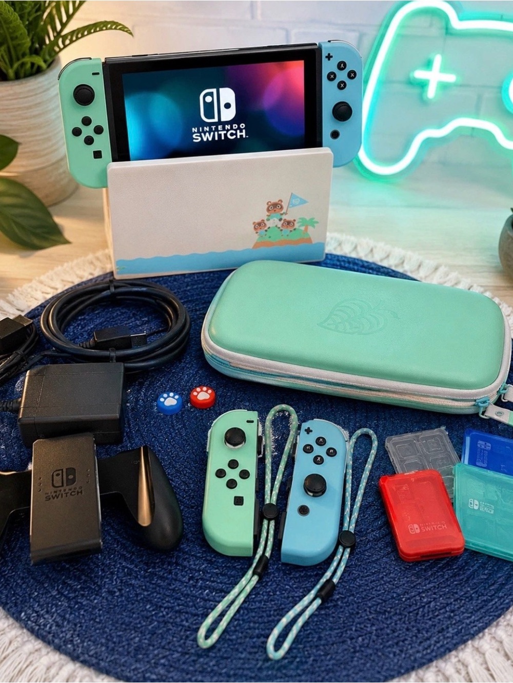 Nintendo Switch Animal Crossing Edition Bundle w/ Box, Case & Extras